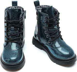 DADAWEN Boys Girls Waterproof Lace Up Glitter Mid Calf Combat Boots With Side Zipper for Toddler/Little Kid/Big Kid