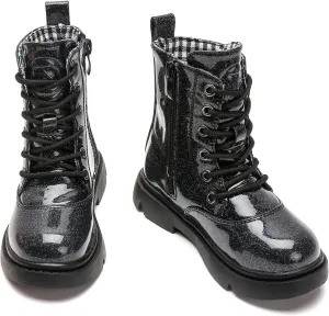 DADAWEN Boys Girls Waterproof Lace Up Glitter Mid Calf Combat Boots With Side Zipper for Toddler/Little Kid/Big Kid