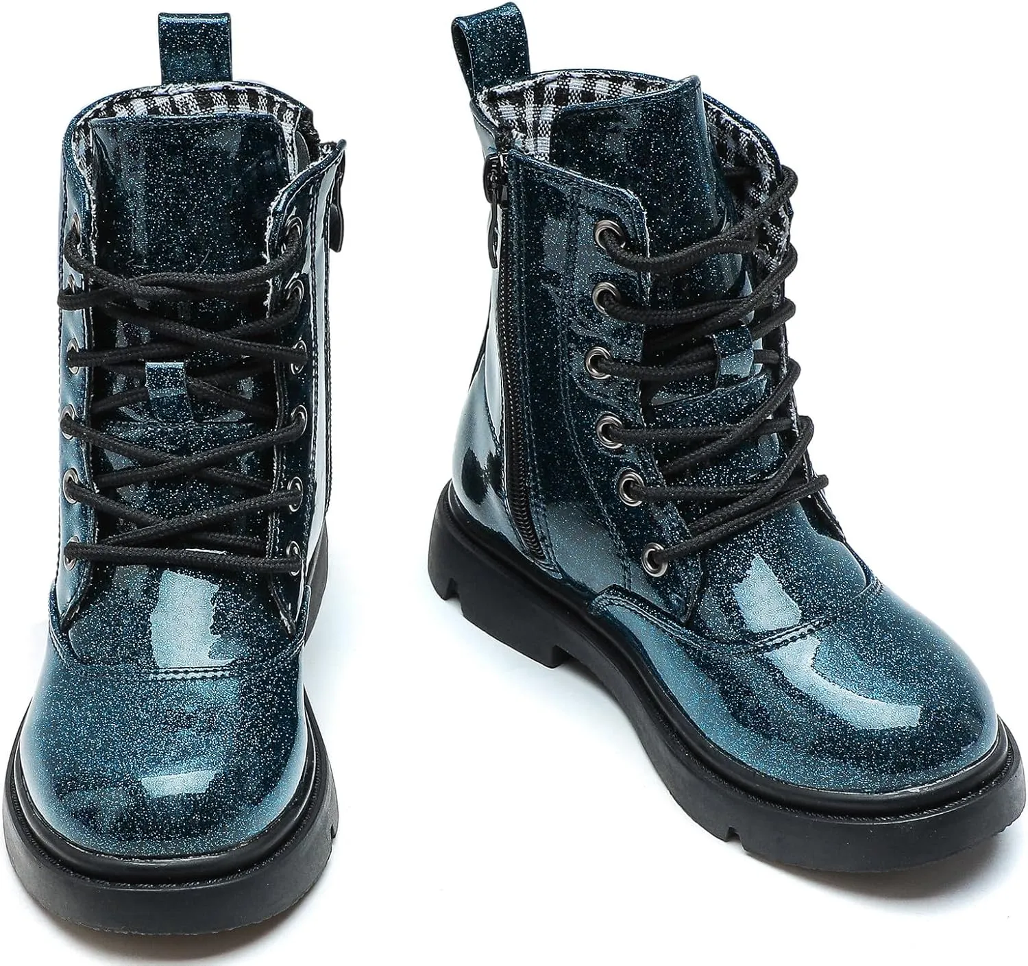 DADAWEN Boys Girls Waterproof Lace Up Glitter Mid Calf Combat Boots With Side Zipper for Toddler/Little Kid/Big Kid