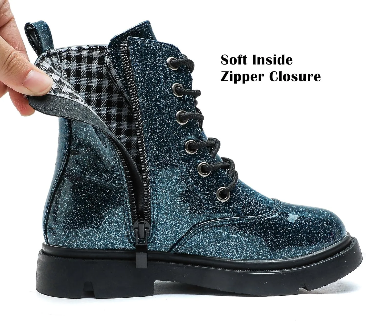 DADAWEN Boys Girls Waterproof Lace Up Glitter Mid Calf Combat Boots With Side Zipper for Toddler/Little Kid/Big Kid