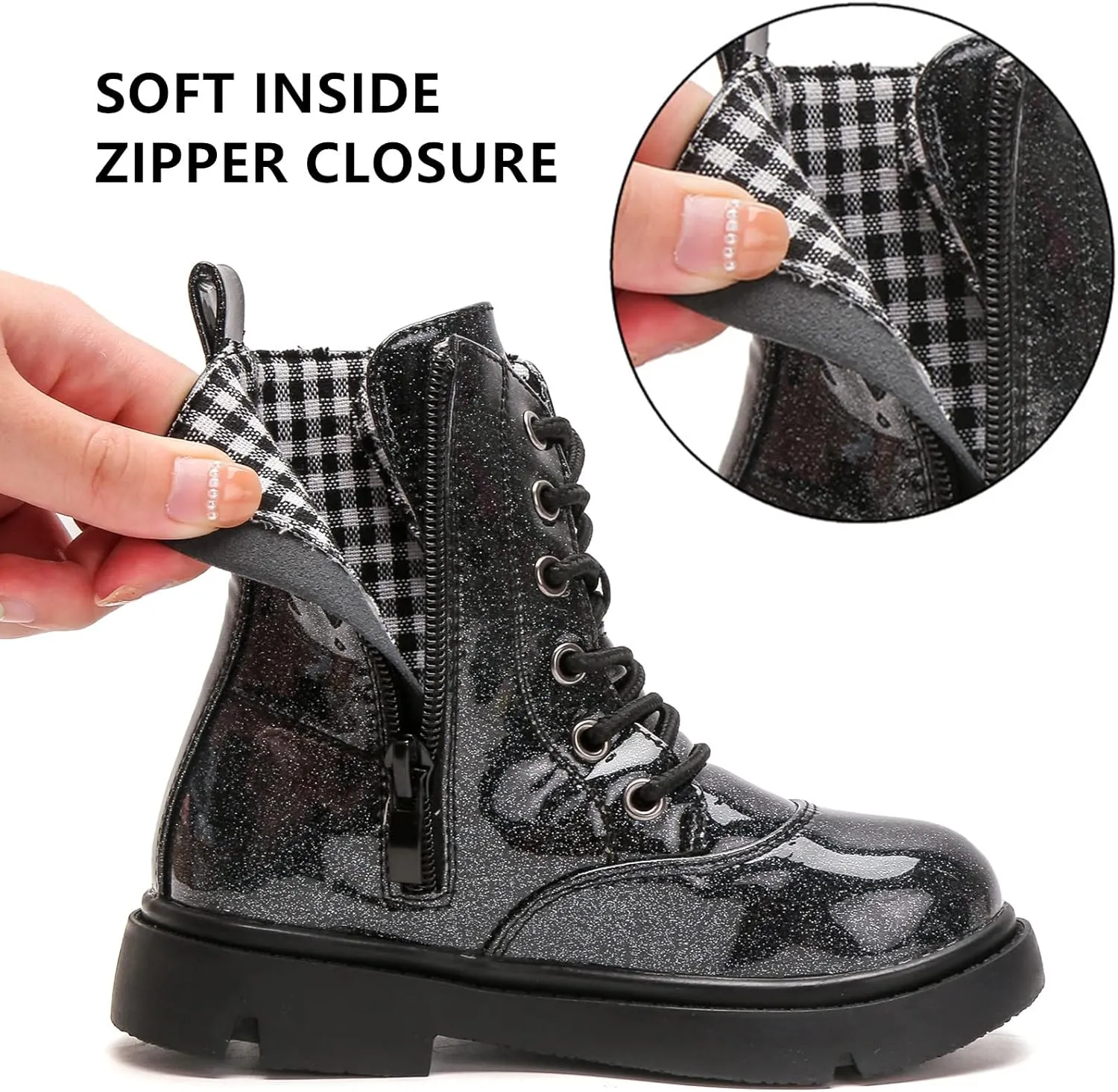 DADAWEN Boys Girls Waterproof Lace Up Glitter Mid Calf Combat Boots With Side Zipper for Toddler/Little Kid/Big Kid