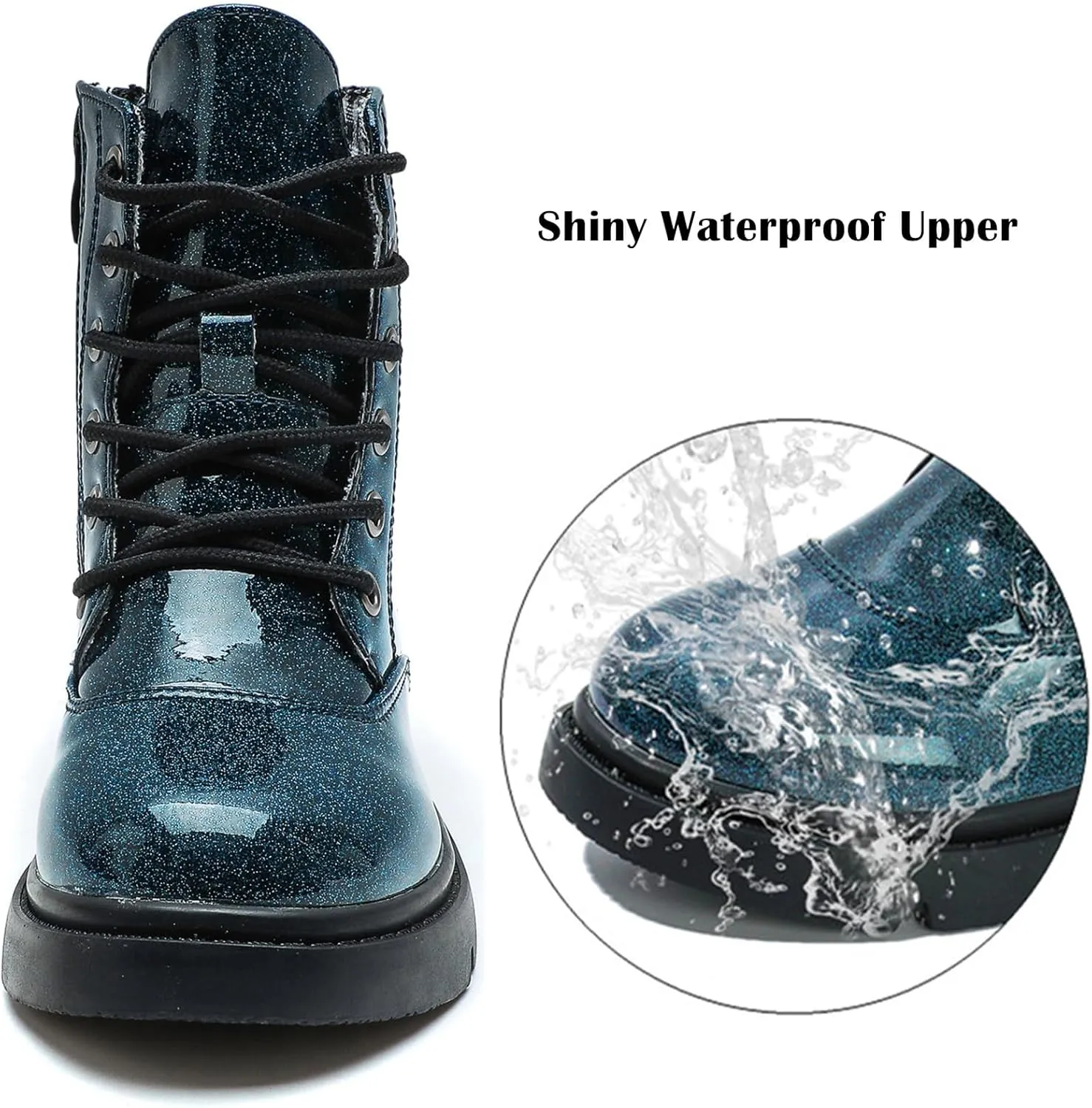 DADAWEN Boys Girls Waterproof Lace Up Glitter Mid Calf Combat Boots With Side Zipper for Toddler/Little Kid/Big Kid