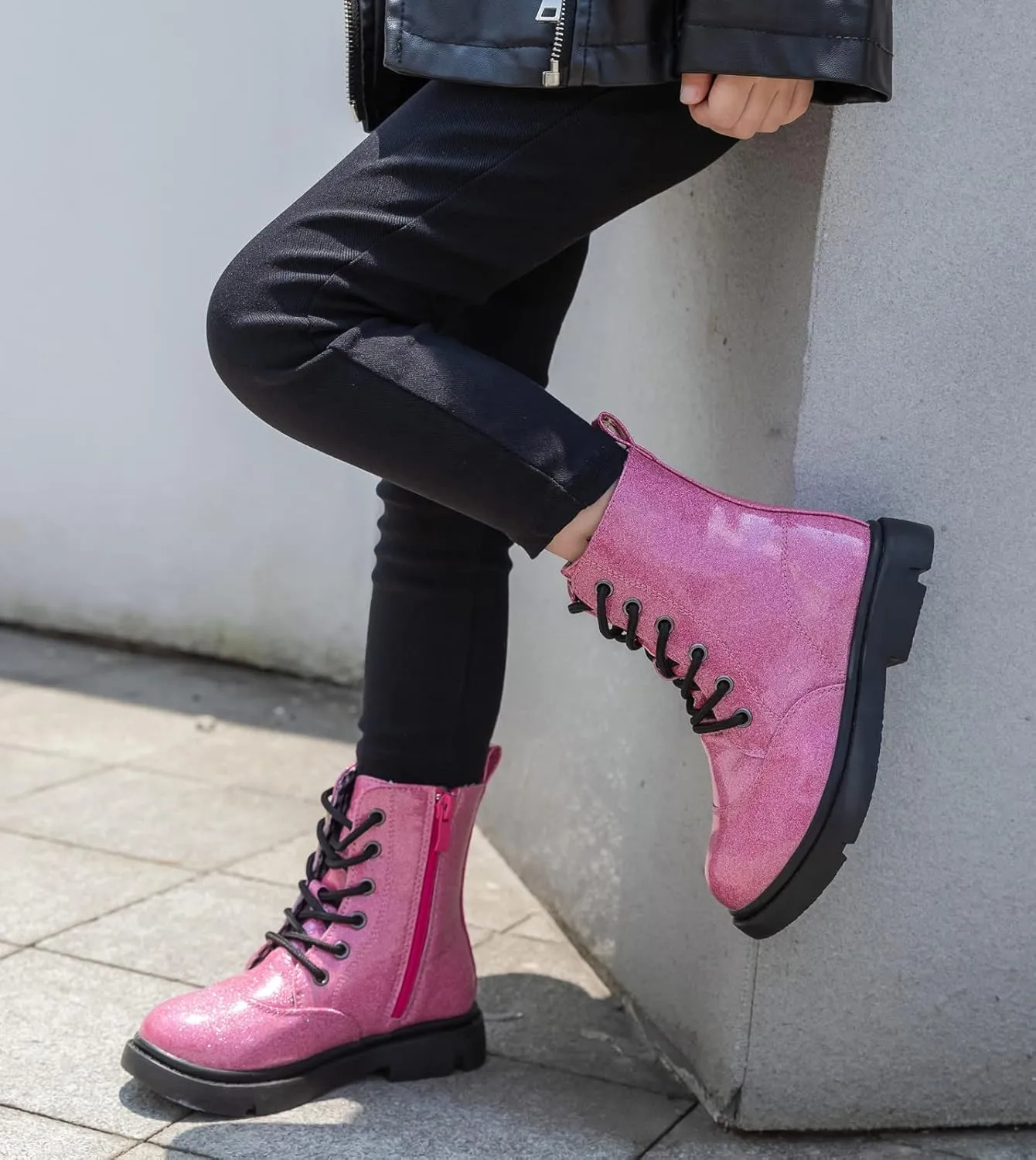 DADAWEN Boys Girls Waterproof Lace Up Glitter Mid Calf Combat Boots With Side Zipper for Toddler/Little Kid/Big Kid