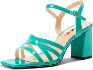 DearOnly Womens Square Toe Gladiator Chunky Block Mid Heel Sandals Ankle Strap Buckle Wedding Dress Patent Leather Shoes 3.2 Inches Heels