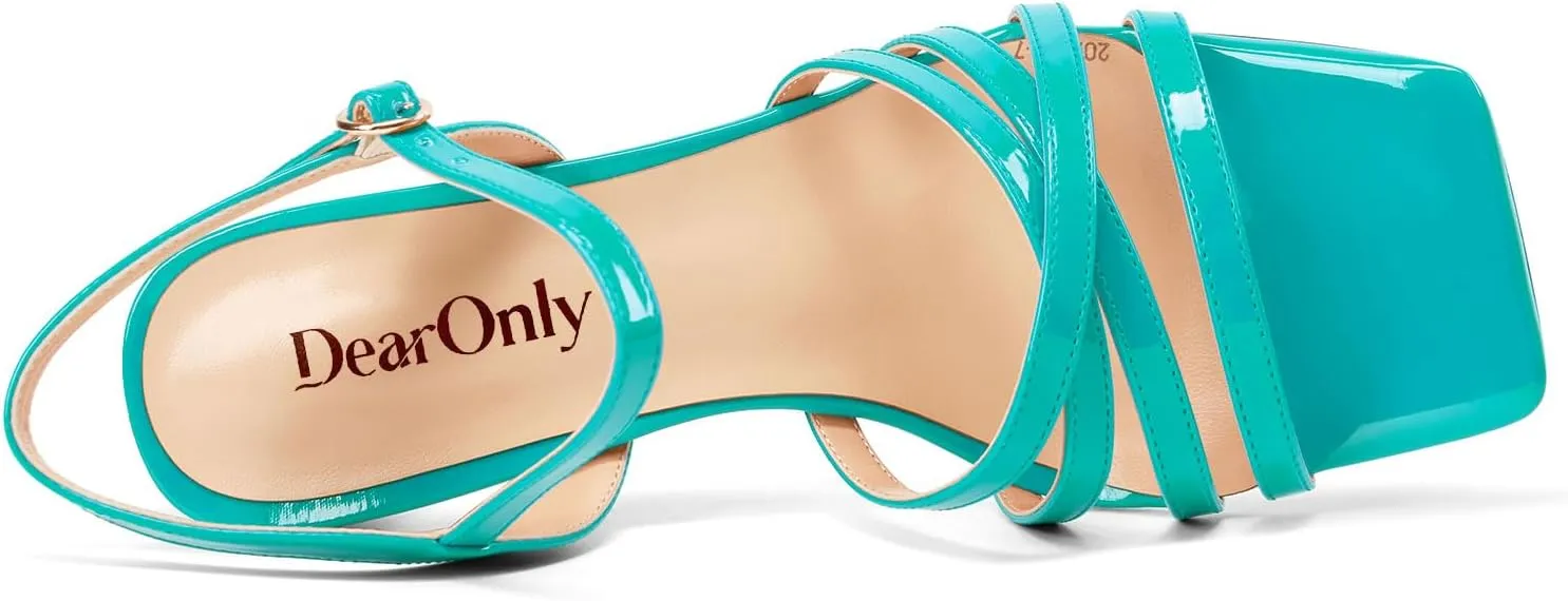 DearOnly Womens Square Toe Gladiator Chunky Block Mid Heel Sandals Ankle Strap Buckle Wedding Dress Patent Leather Shoes 3.2 Inches Heels