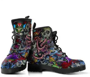 Deep Sea Octopus Skulls Memory Foam Boots | All Season Lace Up Boots | Vegan Leather Combat Boot