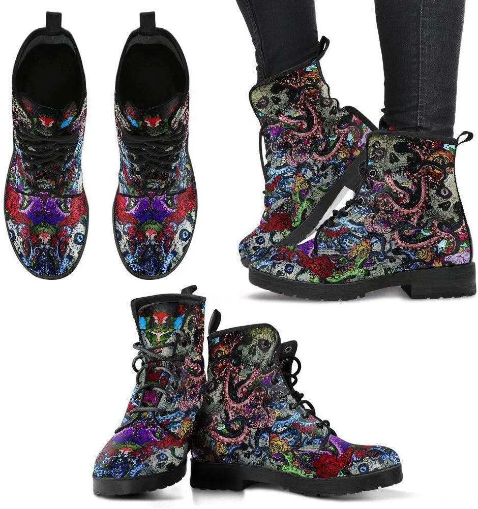 Deep Sea Octopus Skulls Memory Foam Boots | All Season Lace Up Boots | Vegan Leather Combat Boot