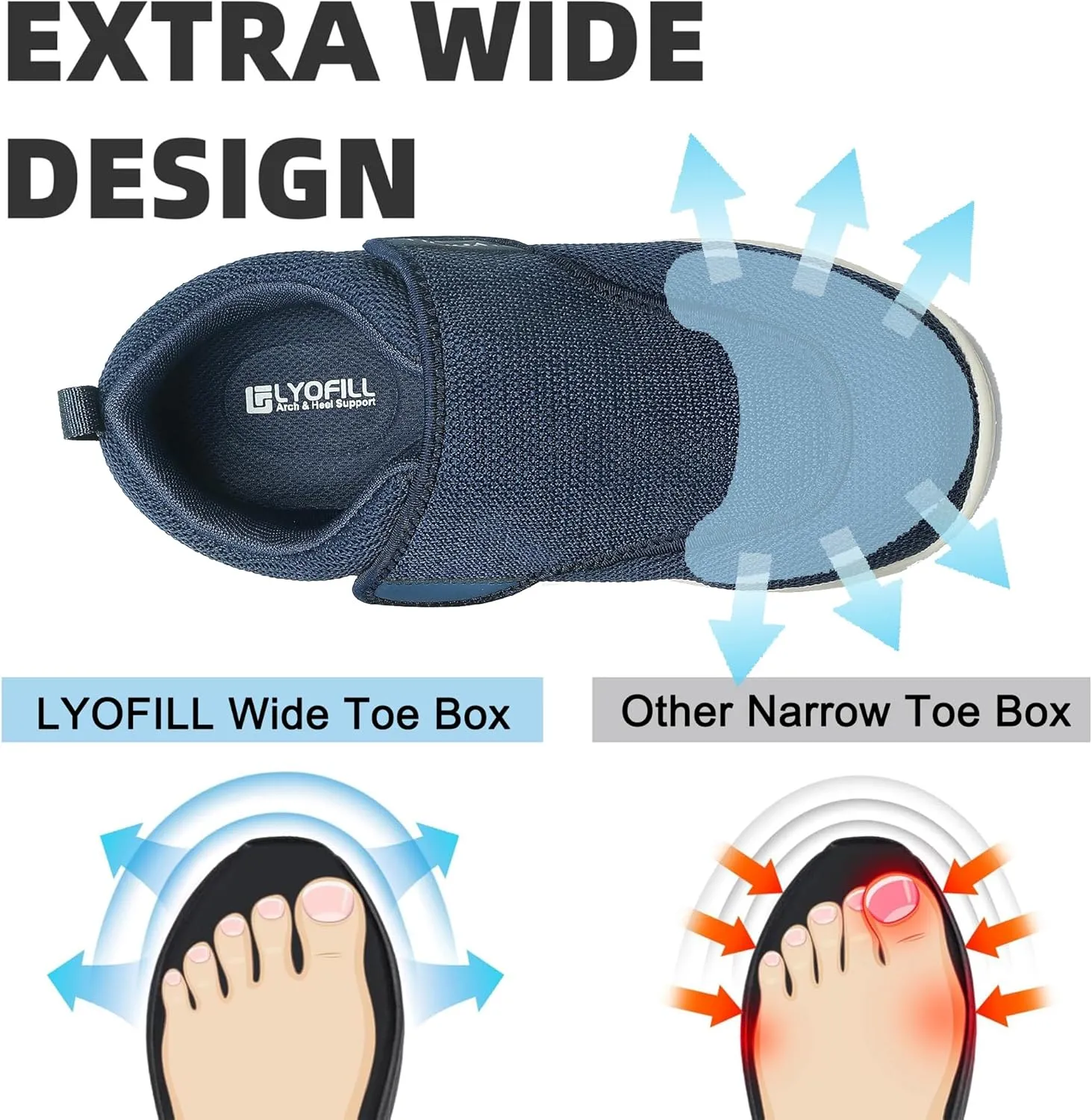 Diabetic Shoes Men Extra Wide Adjustable Width Slip On Walking Shoes with Arch Support for Swollen Feet Pain Relief (Blue, 14 X-Wide)