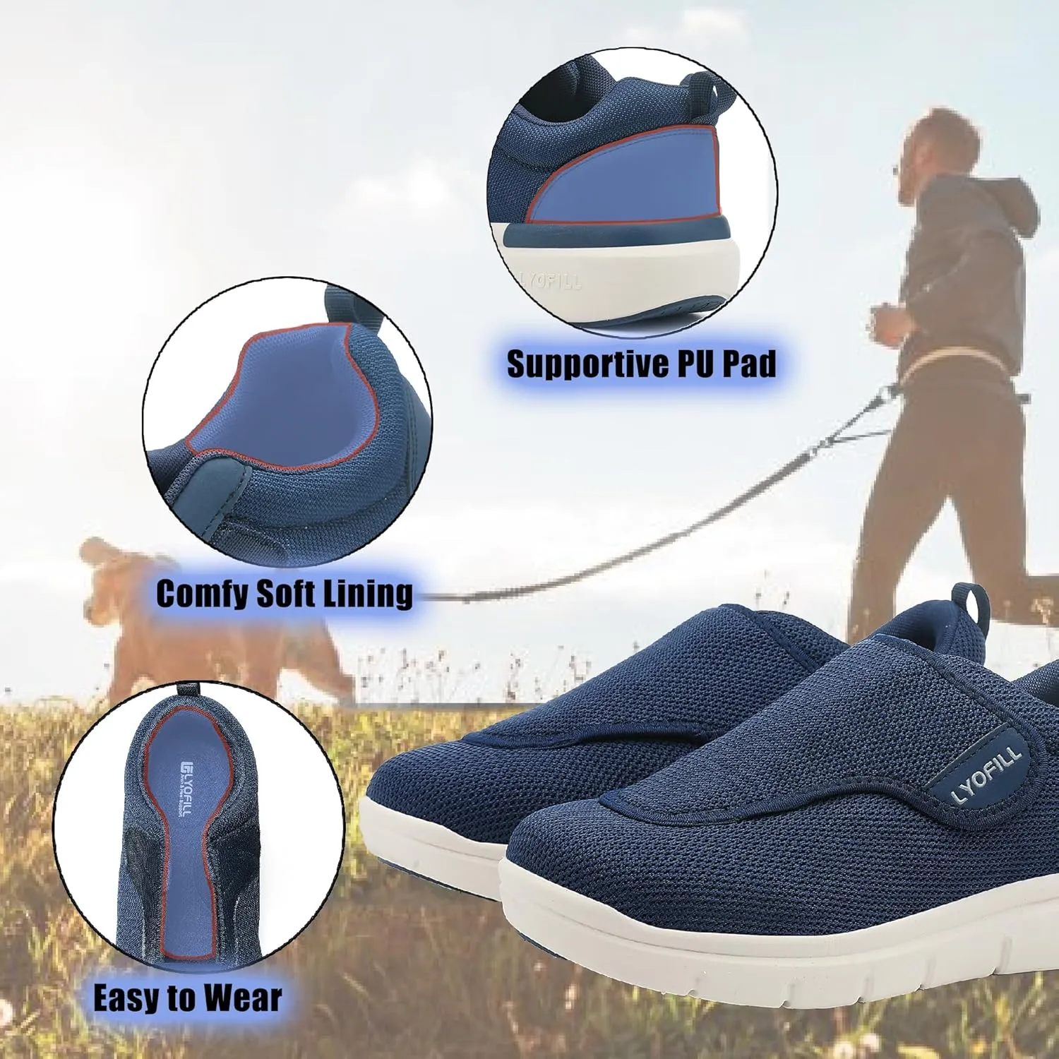 Diabetic Shoes Men Extra Wide Adjustable Width Slip On Walking Shoes with Arch Support for Swollen Feet Pain Relief (Blue, 14 X-Wide)