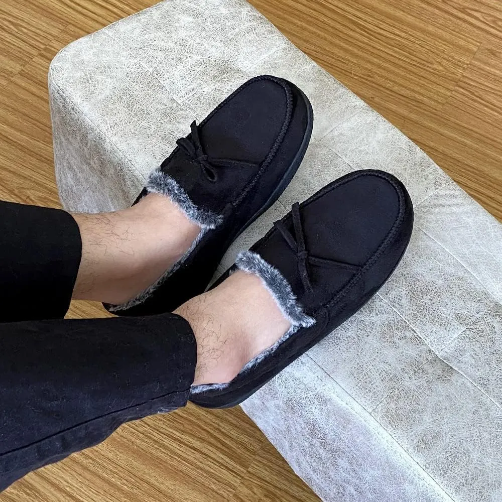 DL Men's Moccasin Slippers - Indoor & Outdoor, Suede Mens House Slippers with Memory Foam, Faux Fur Lining, Non Slip Outsole