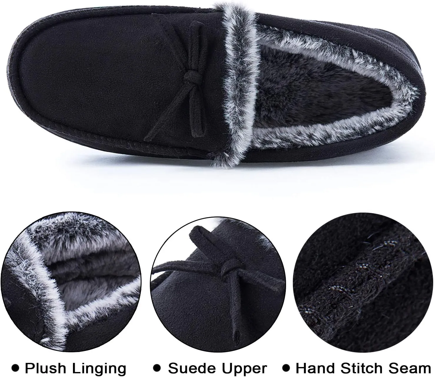 DL Men's Moccasin Slippers - Indoor & Outdoor, Suede Mens House Slippers with Memory Foam, Faux Fur Lining, Non Slip Outsole