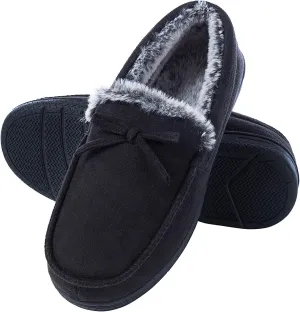 DL Men's Moccasin Slippers - Indoor & Outdoor, Suede Mens House Slippers with Memory Foam, Faux Fur Lining, Non Slip Outsole