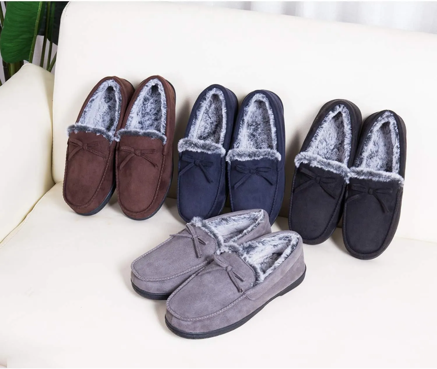 DL Men's Moccasin Slippers - Indoor & Outdoor, Suede Mens House Slippers with Memory Foam, Faux Fur Lining, Non Slip Outsole