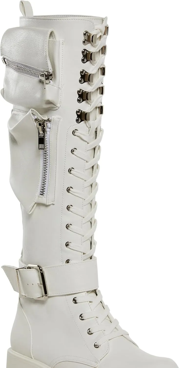 Dolls Kill Obsidian Pocket Combat Boots by Current Mood – Knee High Vegan Leather Combat Boots for Edgy Style