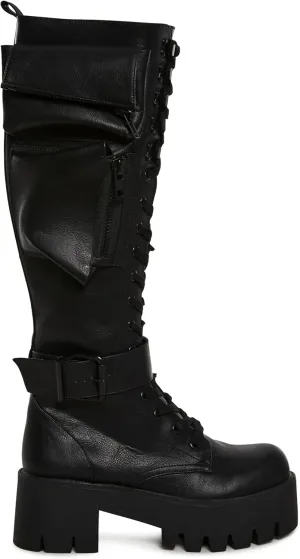 Dolls Kill Obsidian Pocket Combat Boots by Current Mood – Knee High Vegan Leather Combat Boots for Edgy Style