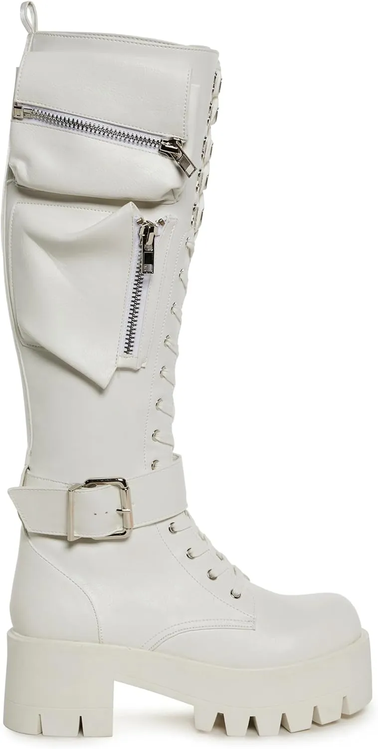 Dolls Kill Obsidian Pocket Combat Boots by Current Mood – Knee High Vegan Leather Combat Boots for Edgy Style