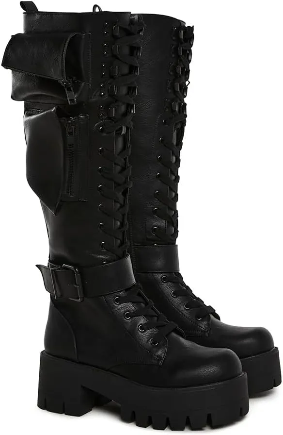 Dolls Kill Obsidian Pocket Combat Boots by Current Mood – Knee High Vegan Leather Combat Boots for Edgy Style