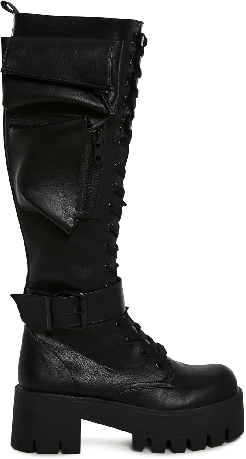 Dolls Kill Obsidian Pocket Combat Boots by Current Mood – Knee High Vegan Leather Combat Boots for Edgy Style