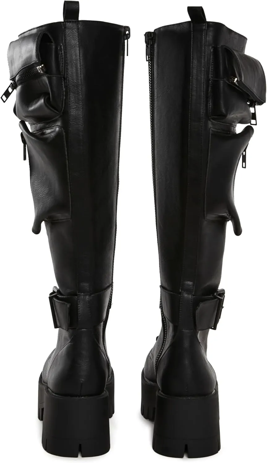 Dolls Kill Obsidian Pocket Combat Boots by Current Mood – Knee High Vegan Leather Combat Boots for Edgy Style