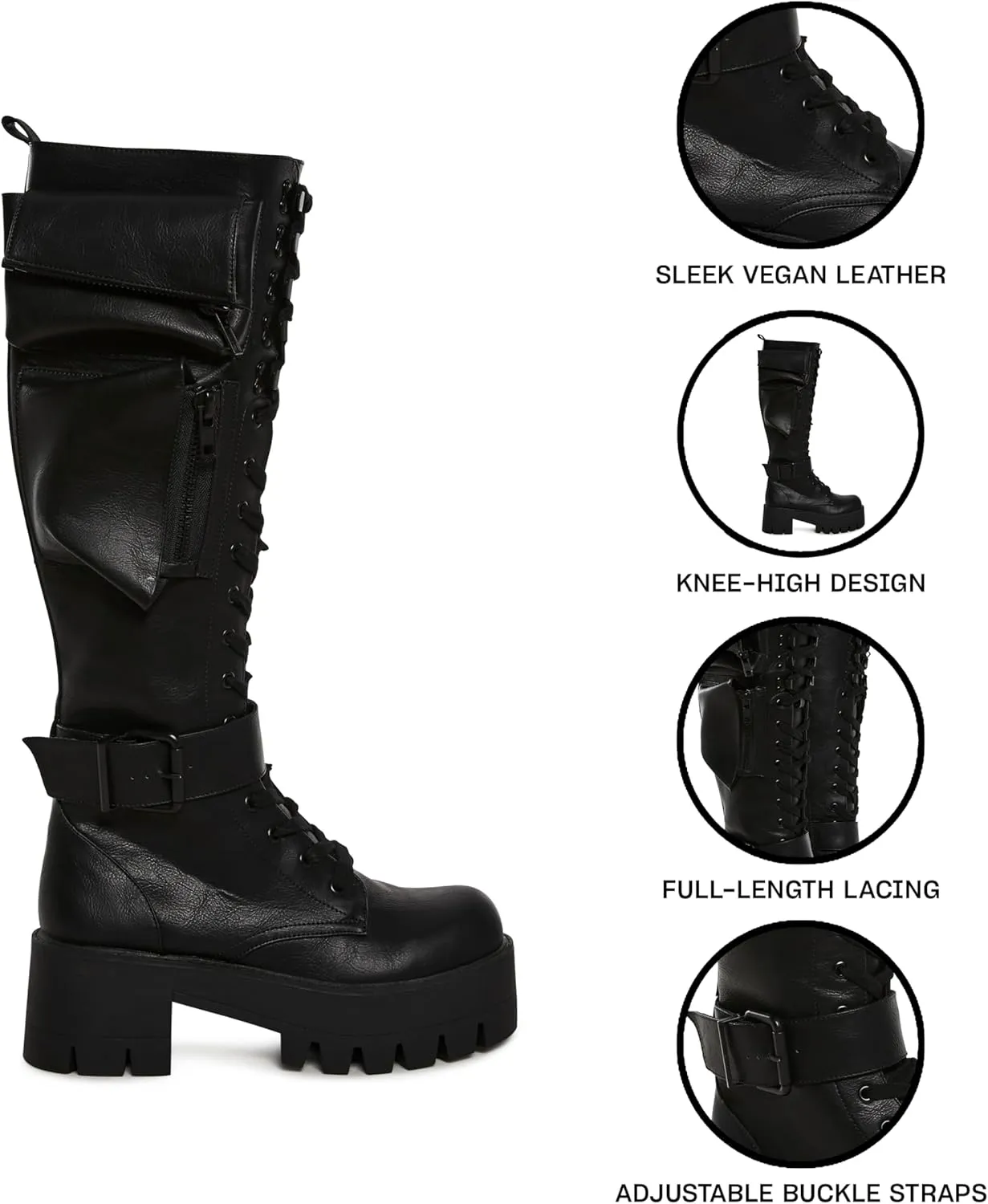 Dolls Kill Obsidian Pocket Combat Boots by Current Mood – Knee High Vegan Leather Combat Boots for Edgy Style