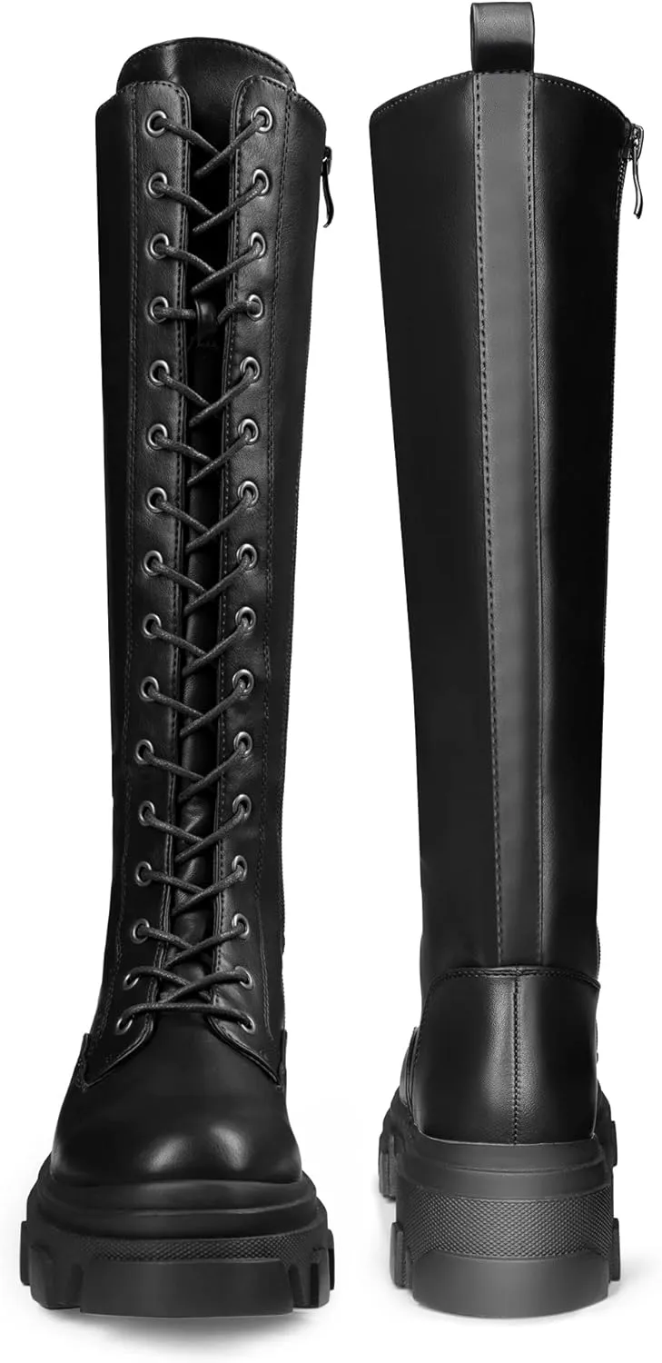 DREAM PAIRS Knee High Boots Women, Fashion Combat Boots Chunky Platform Lace Up Lug Sole Boots For Women