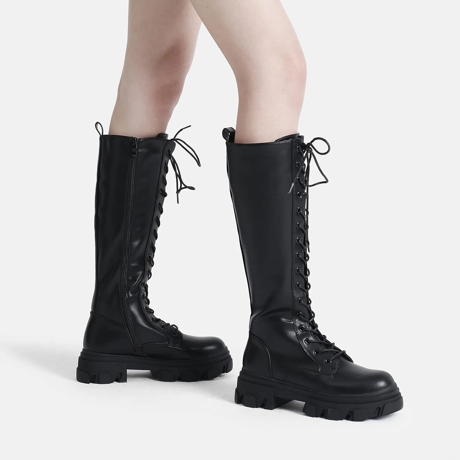 DREAM PAIRS Knee High Boots Women, Fashion Combat Boots Chunky Platform Lace Up Lug Sole Boots For Women