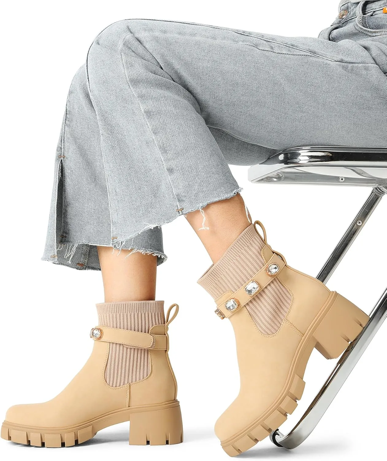 DREAM PAIRS Women's Elastic Chelsea Ankle Boots Fashion Low Chunky Heel Platform Lug Sole Short Booties Shoes