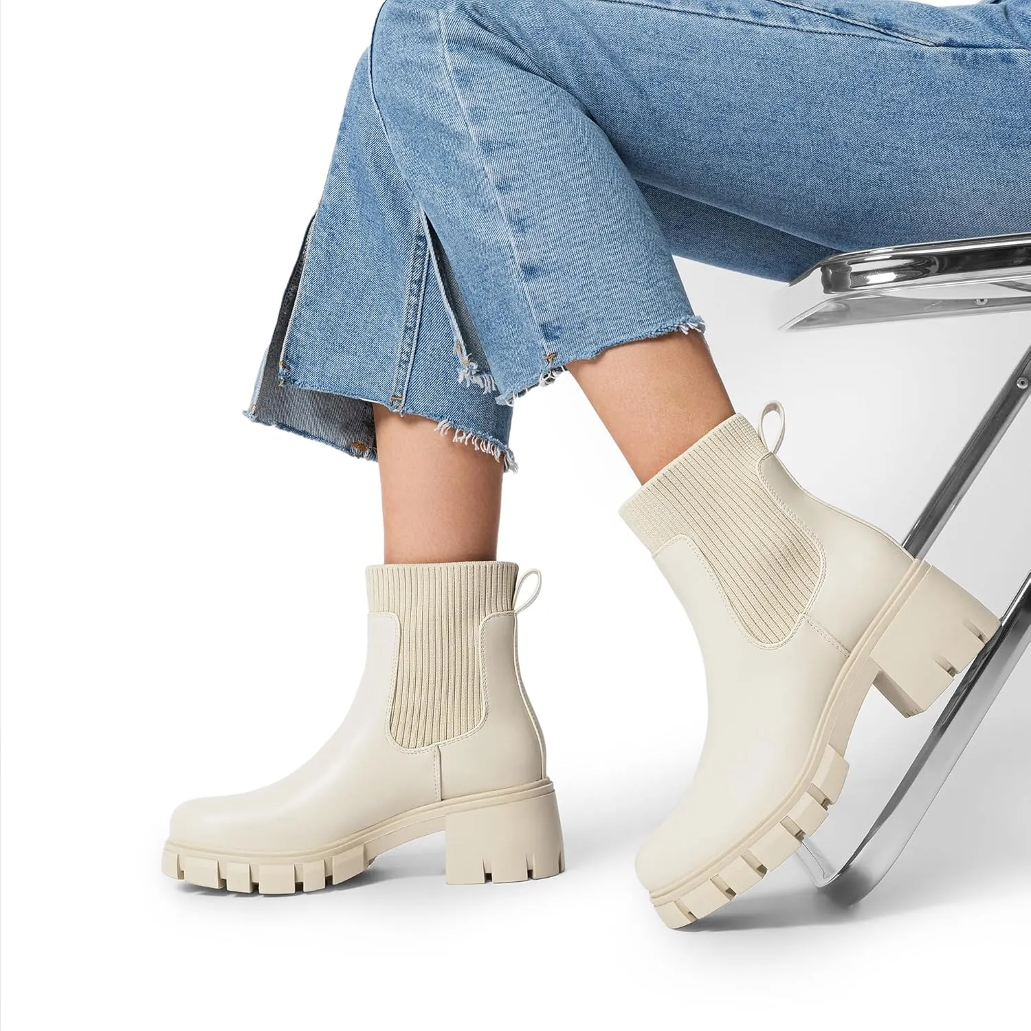 DREAM PAIRS Women's Elastic Chelsea Ankle Boots Fashion Low Chunky Heel Platform Lug Sole Short Booties Shoes