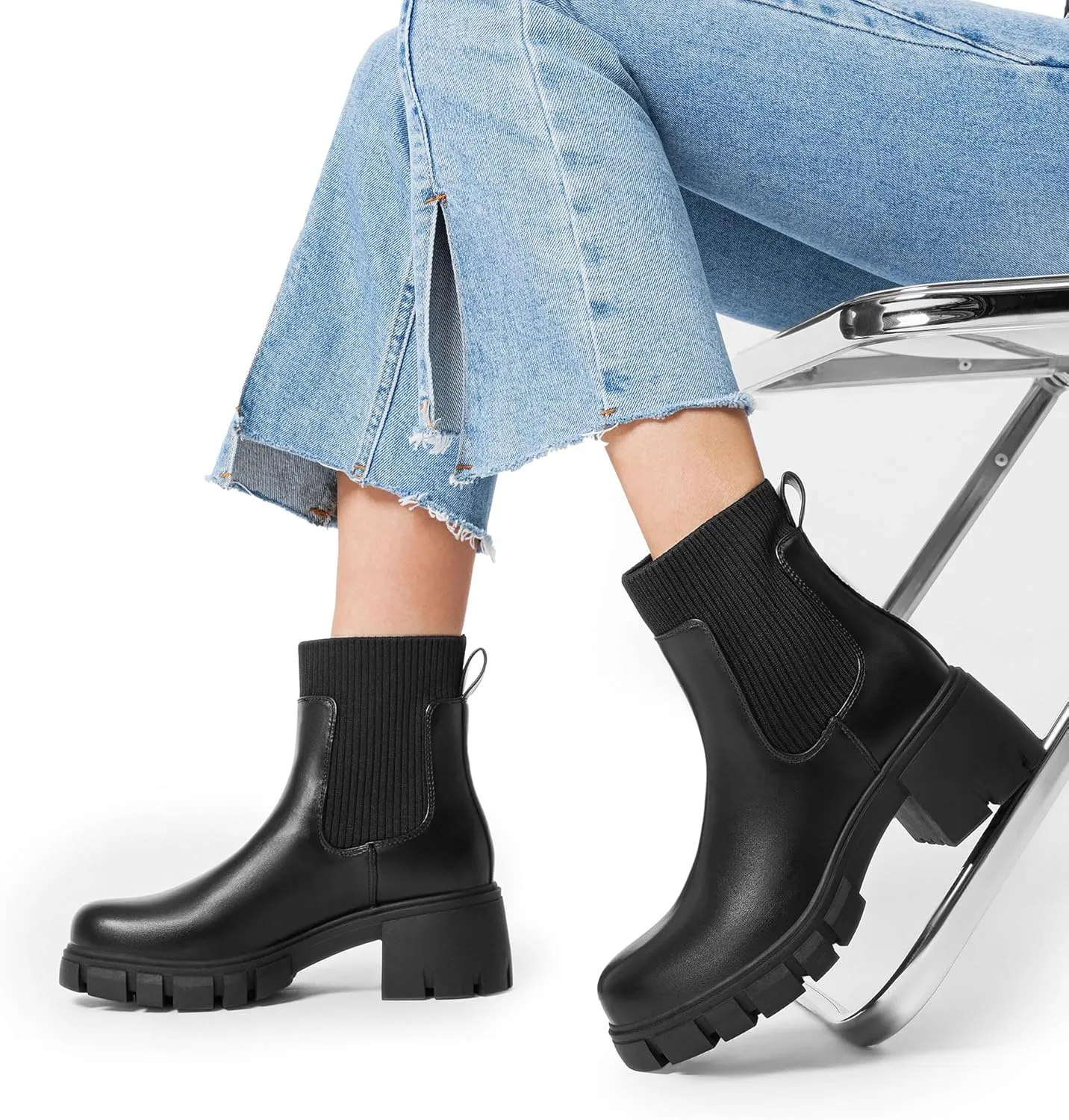 DREAM PAIRS Women's Elastic Chelsea Ankle Boots Fashion Low Chunky Heel Platform Lug Sole Short Booties Shoes