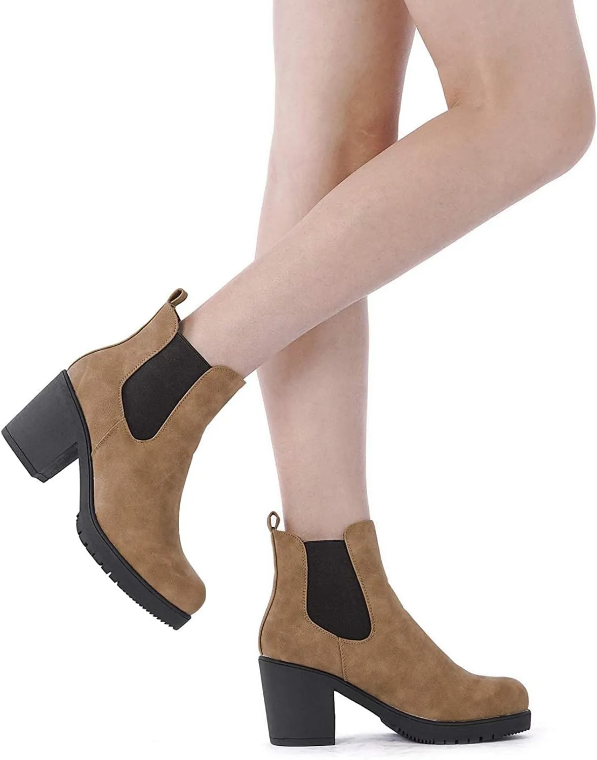 DREAM PAIRS Women's High Chunky Heel Chelsea Ankle Boots Slip On Elastic Fall Heeld Booties Shoes