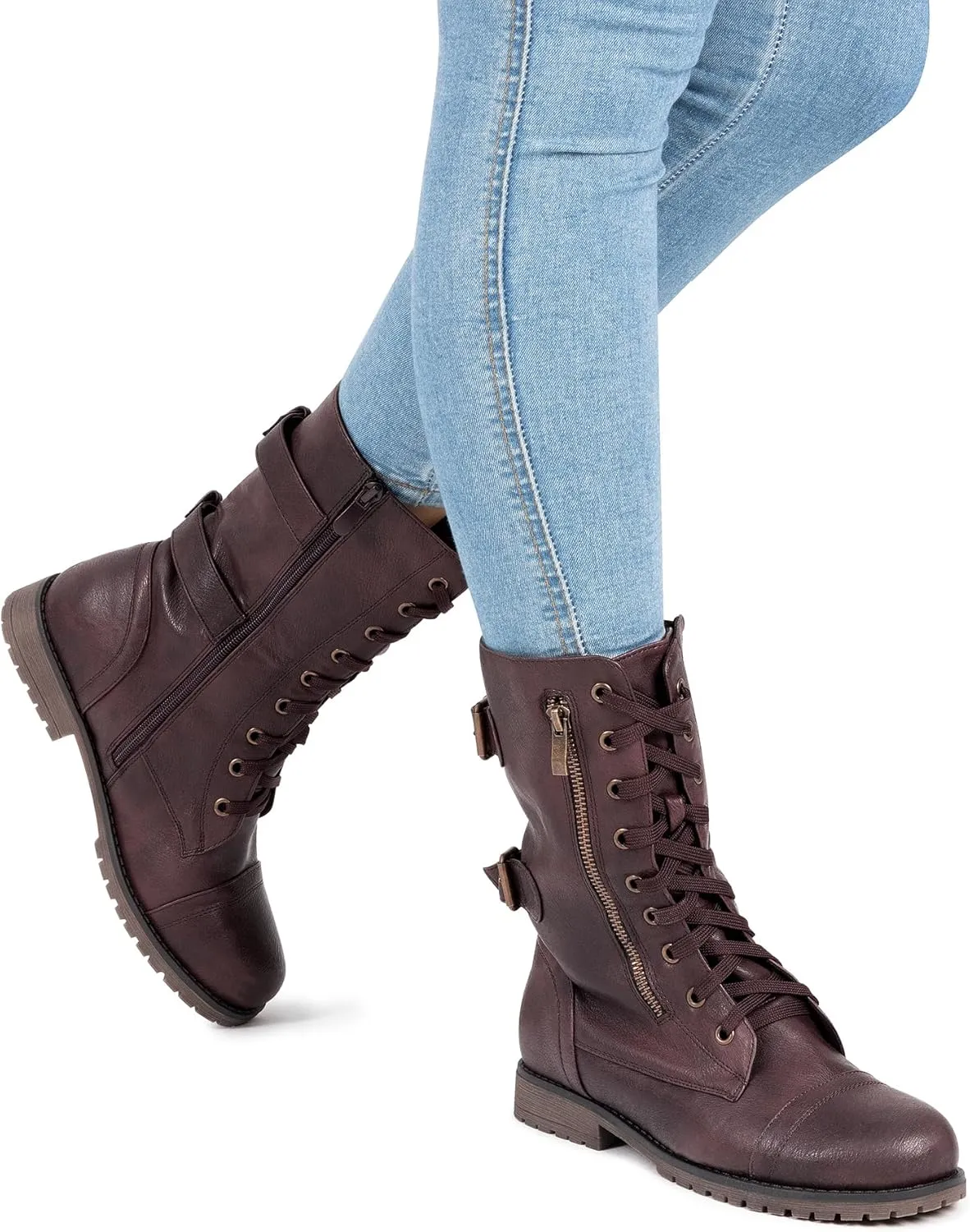 DREAM PAIRS Women's Mid Calf Built-in Wallet Pocket Lace up Military Combat Boots
