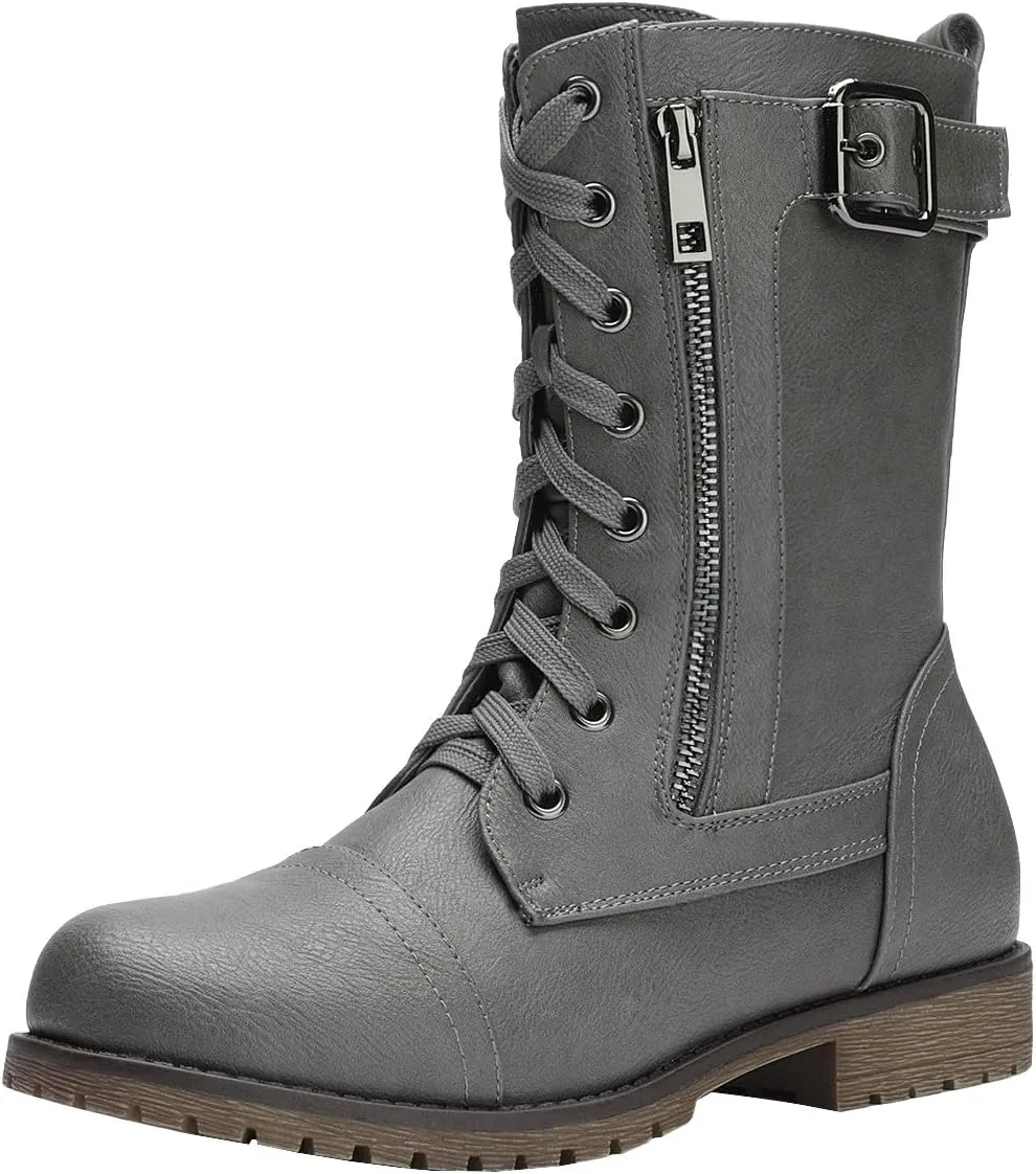 DREAM PAIRS Women's Mid Calf Built-in Wallet Pocket Lace up Military Combat Boots