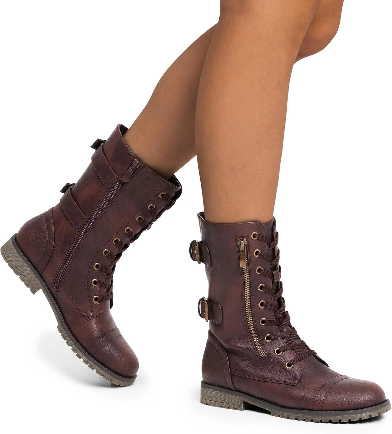 DREAM PAIRS Women's Mid Calf Built-in Wallet Pocket Lace up Military Combat Boots