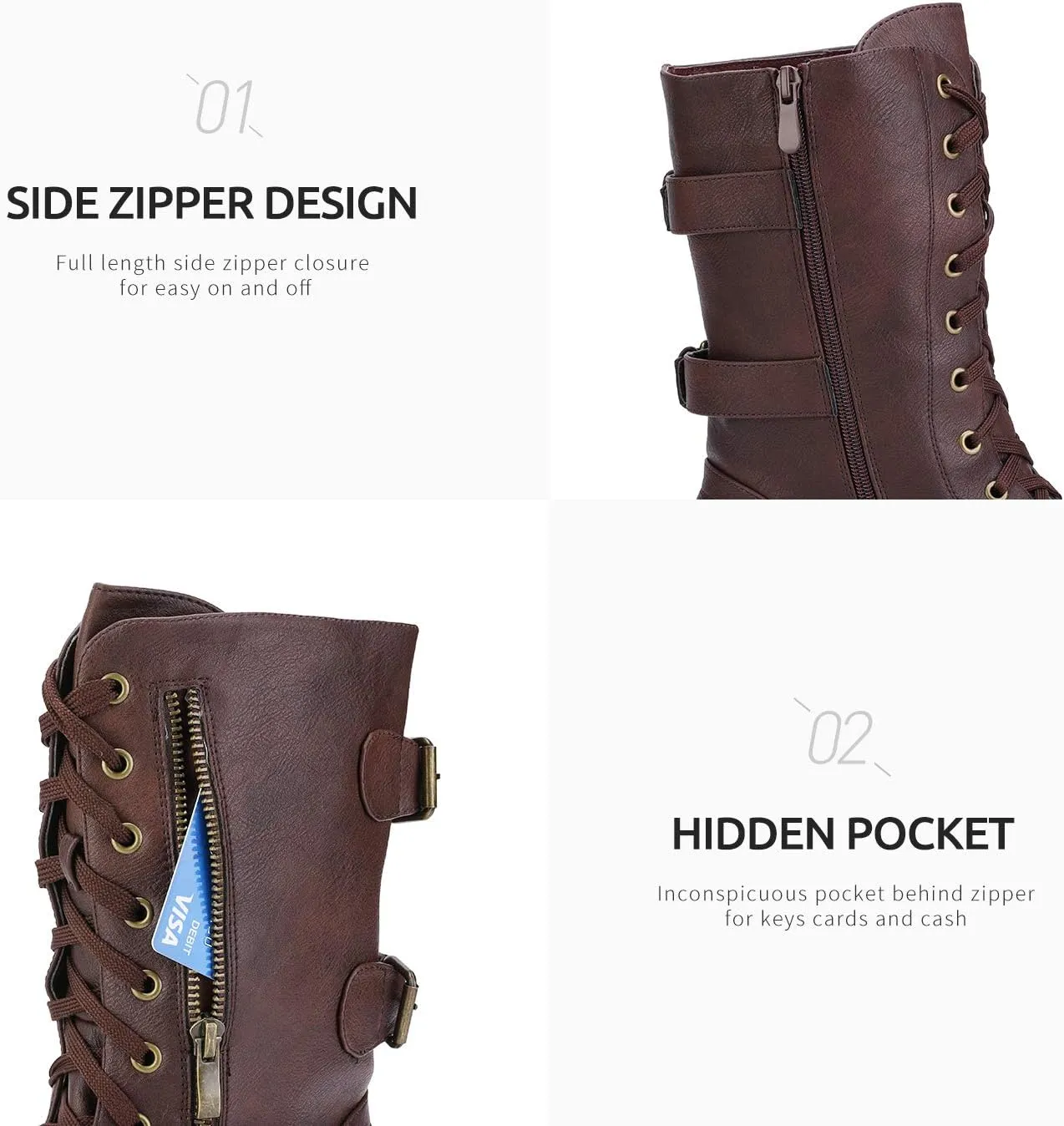DREAM PAIRS Women's Mid Calf Built-in Wallet Pocket Lace up Military Combat Boots