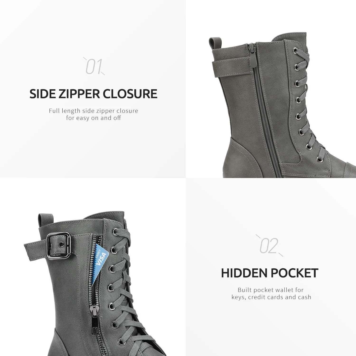 DREAM PAIRS Women's Mid Calf Built-in Wallet Pocket Lace up Military Combat Boots