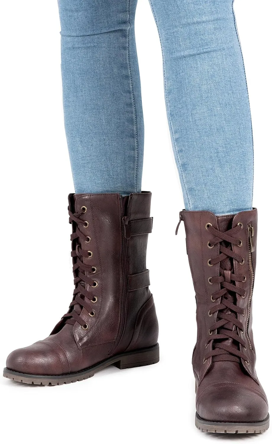 DREAM PAIRS Women's Mid Calf Built-in Wallet Pocket Lace up Military Combat Boots