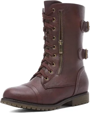 DREAM PAIRS Women's Mid Calf Built-in Wallet Pocket Lace up Military Combat Boots
