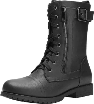 DREAM PAIRS Women's Mid Calf Built-in Wallet Pocket Lace up Military Combat Boots