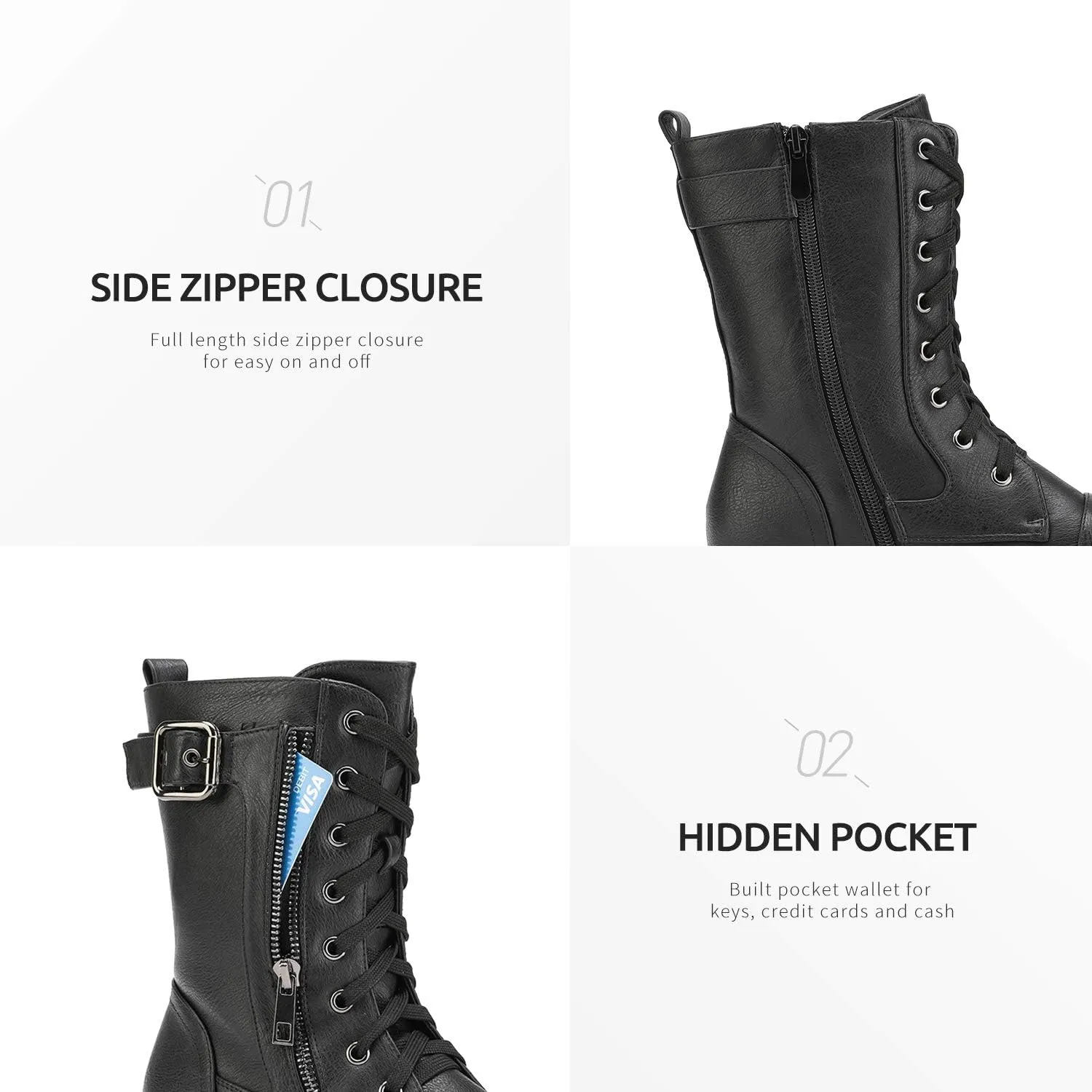 DREAM PAIRS Women's Mid Calf Built-in Wallet Pocket Lace up Military Combat Boots