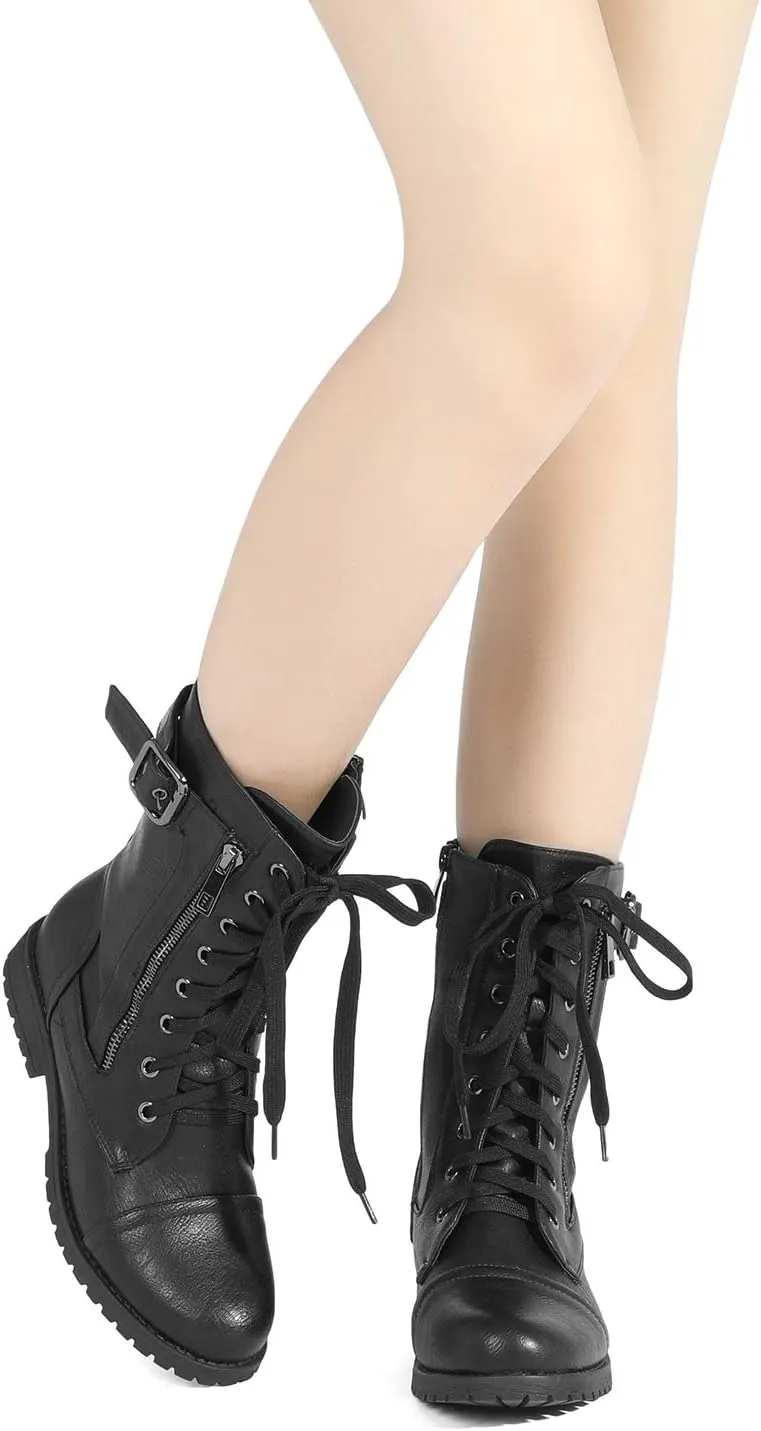 DREAM PAIRS Women's Mid Calf Built-in Wallet Pocket Lace up Military Combat Boots
