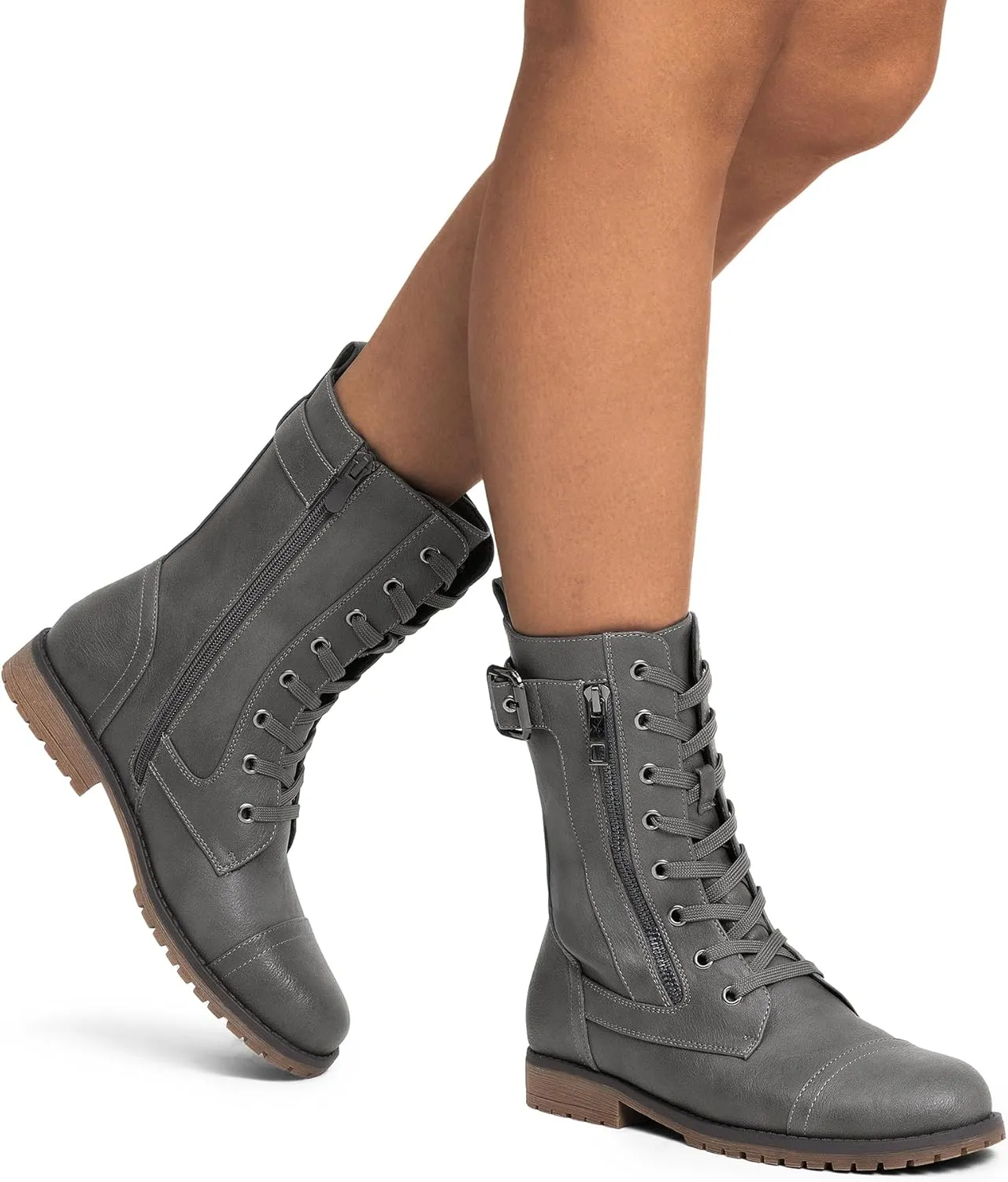 DREAM PAIRS Women's Mid Calf Built-in Wallet Pocket Lace up Military Combat Boots