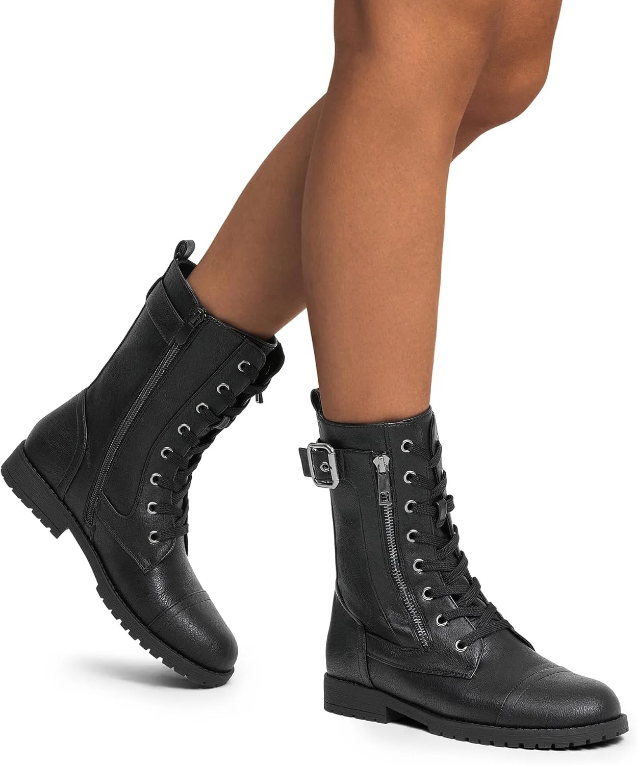 DREAM PAIRS Women's Mid Calf Built-in Wallet Pocket Lace up Military Combat Boots