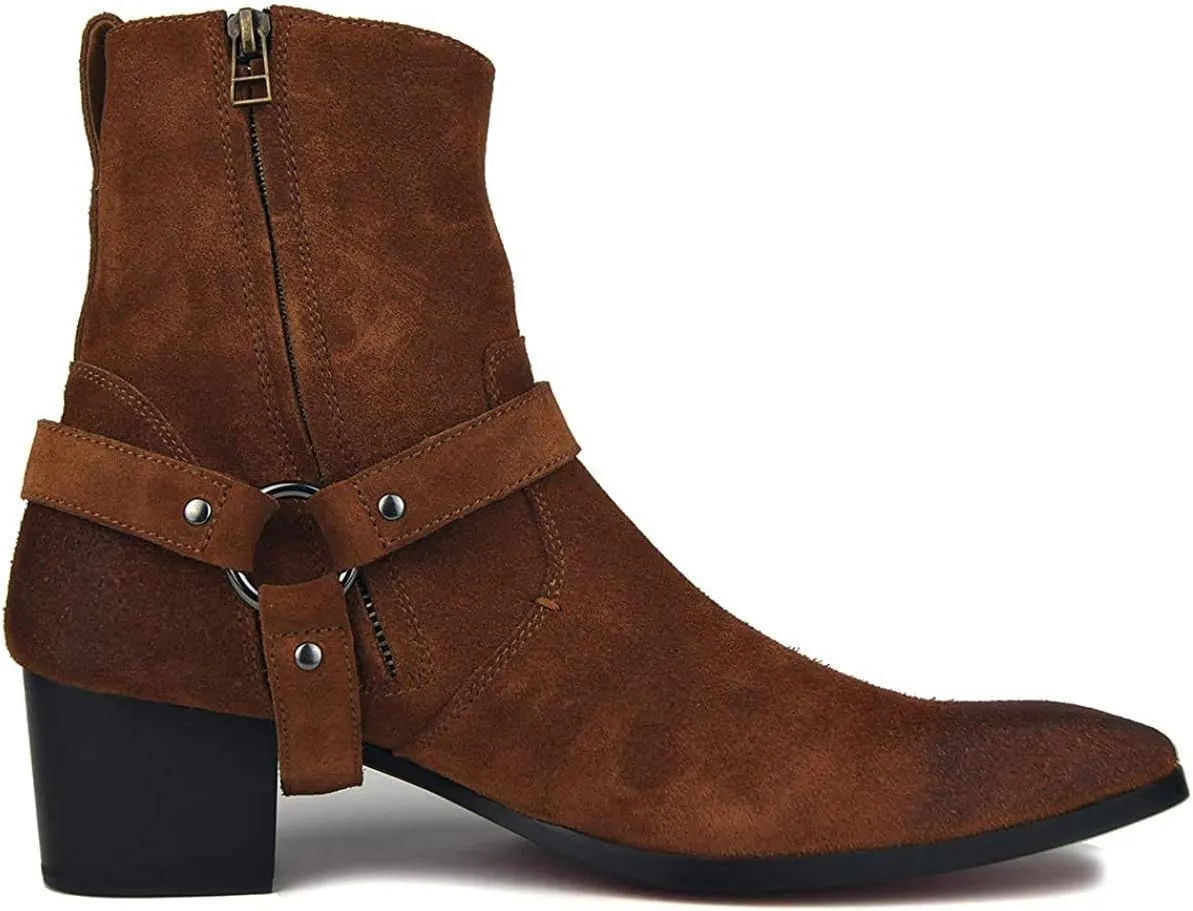 Dress Boot For Men Leather Chukka Designer Boots Casual Heel Shoes Zipper-up By OTTO ZONE JY002 Brown Suede Belt 11