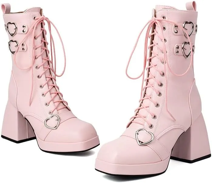 Elbslutt Goth Platform Boots for Women Lace up Chunky High Heels Combat Ankle Boots Square Toe GOGO Boots Gothic Ankle Booties Block Heel Buckle Punk Shoes