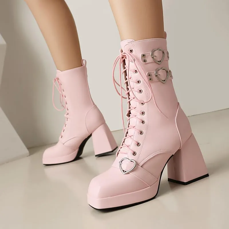 Elbslutt Goth Platform Boots for Women Lace up Chunky High Heels Combat Ankle Boots Square Toe GOGO Boots Gothic Ankle Booties Block Heel Buckle Punk Shoes