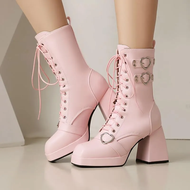 Elbslutt Goth Platform Boots for Women Lace up Chunky High Heels Combat Ankle Boots Square Toe GOGO Boots Gothic Ankle Booties Block Heel Buckle Punk Shoes