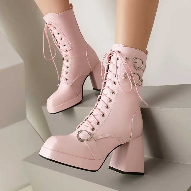 Elbslutt Goth Platform Boots for Women Lace up Chunky High Heels Combat Ankle Boots Square Toe GOGO Boots Gothic Ankle Booties Block Heel Buckle Punk Shoes