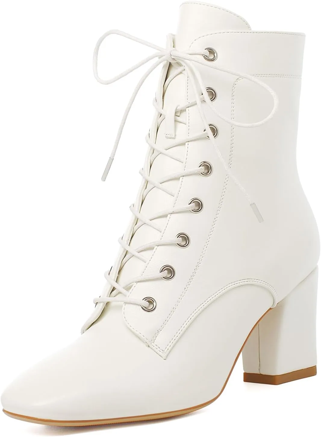 Elbslutt Women's Square Toe Ankle Boots Lace Up Chunky Heeled Booties Combat Block Heel Boots Zip Up