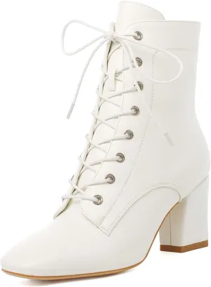 Elbslutt Women's Square Toe Ankle Boots Lace Up Chunky Heeled Booties Combat Block Heel Boots Zip Up