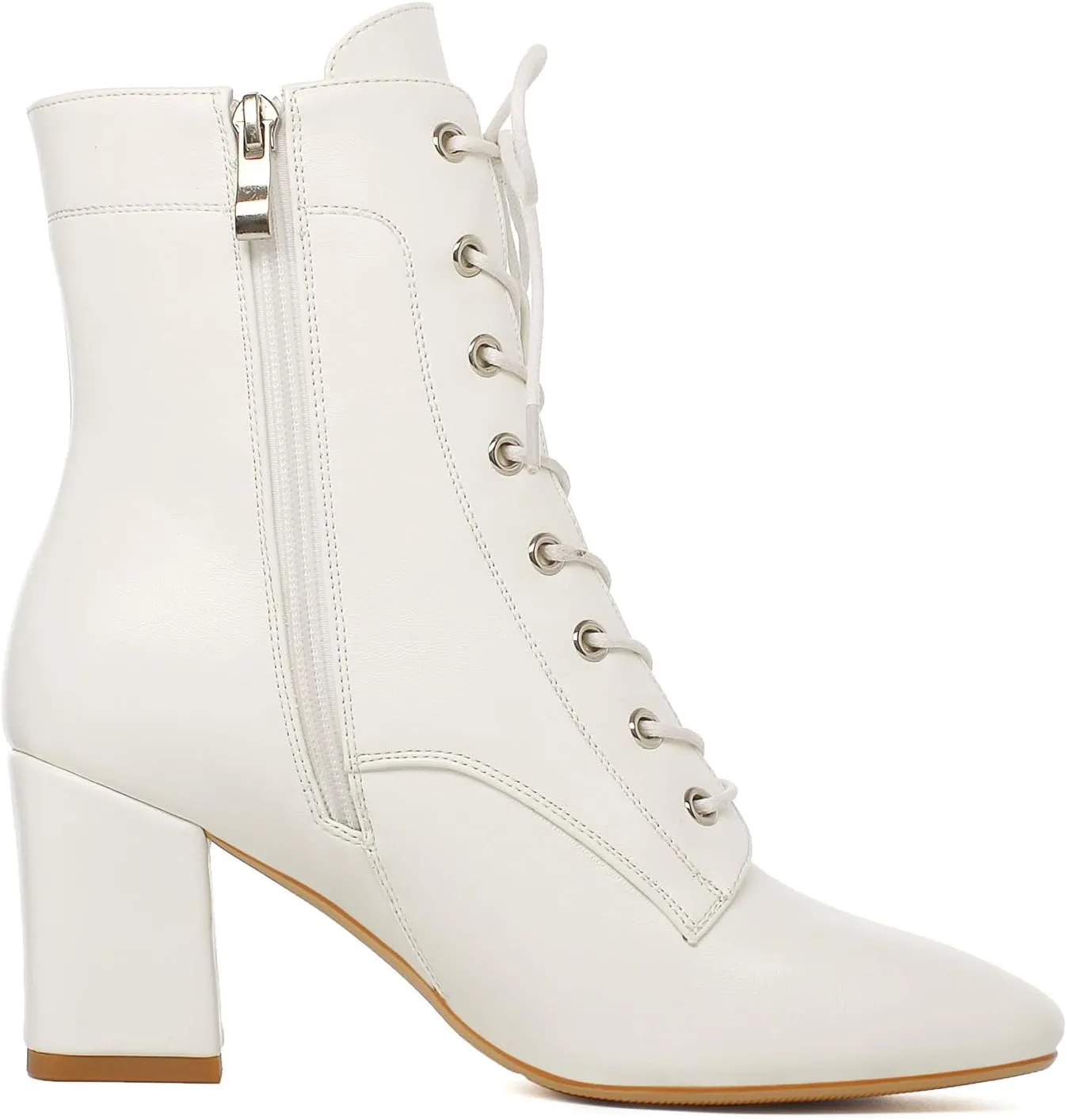 Elbslutt Women's Square Toe Ankle Boots Lace Up Chunky Heeled Booties Combat Block Heel Boots Zip Up